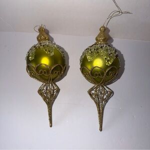 2 victorian Christmas Hard plastic and metal glittered Ornament Green Beaded 9”